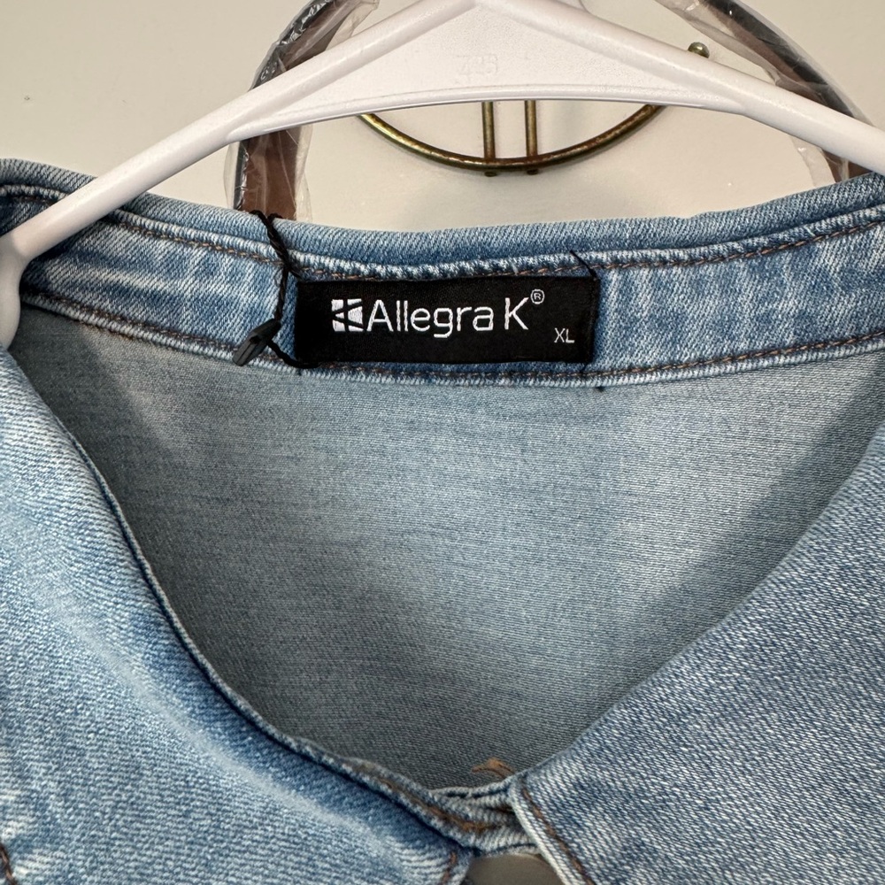 Allegra-K Denim Button-Up XL Dress with Brown Belt 2 Front Pockets Short Sleeve - Picture 7 of 7